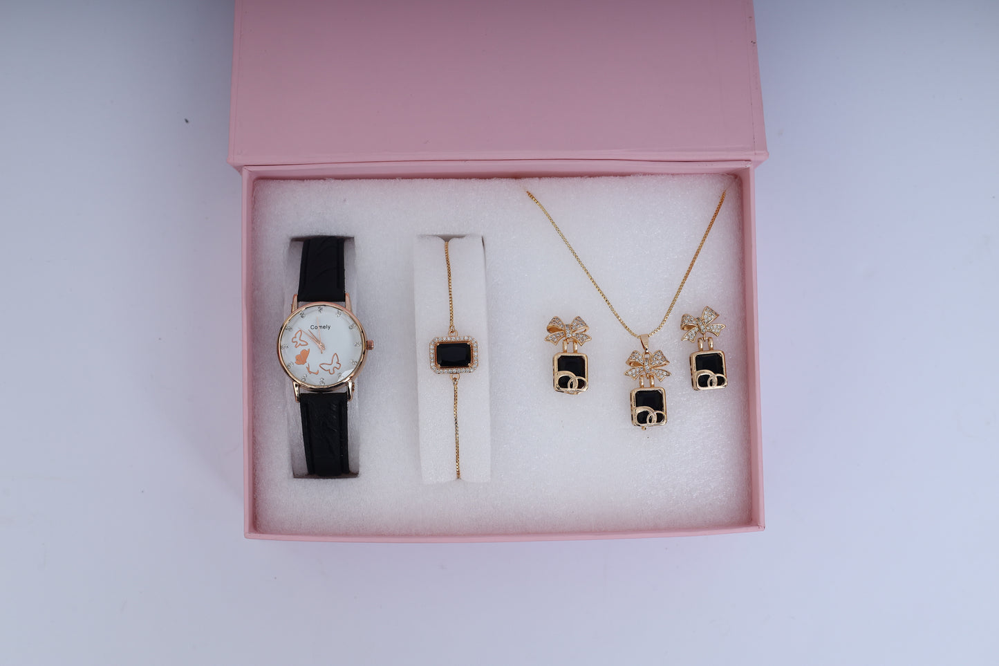Black & Gold Women’s Watch and Jewelry Gift Set – Bow Pendant, Earrings & Bracelet in Luxury Box