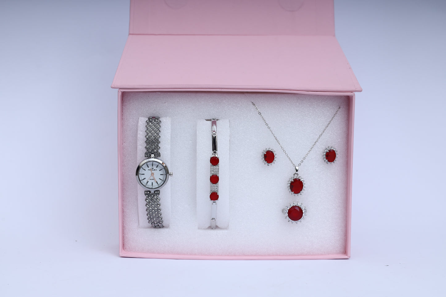 Classic Red Stone Women’s Jewelry & Watch Gift Set – Necklace, Earrings, Ring, Bracelet & Watch in Luxury Box