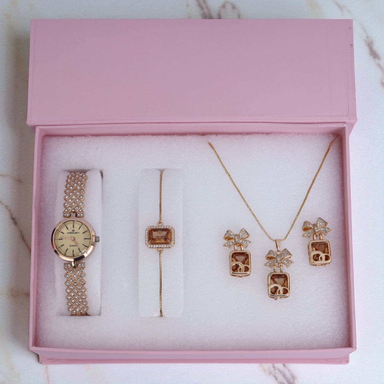 Champagne Gold Women’s Watch & Jewelry Gift Set – Bow Pendant, Earrings, Bracelet in Luxury Box