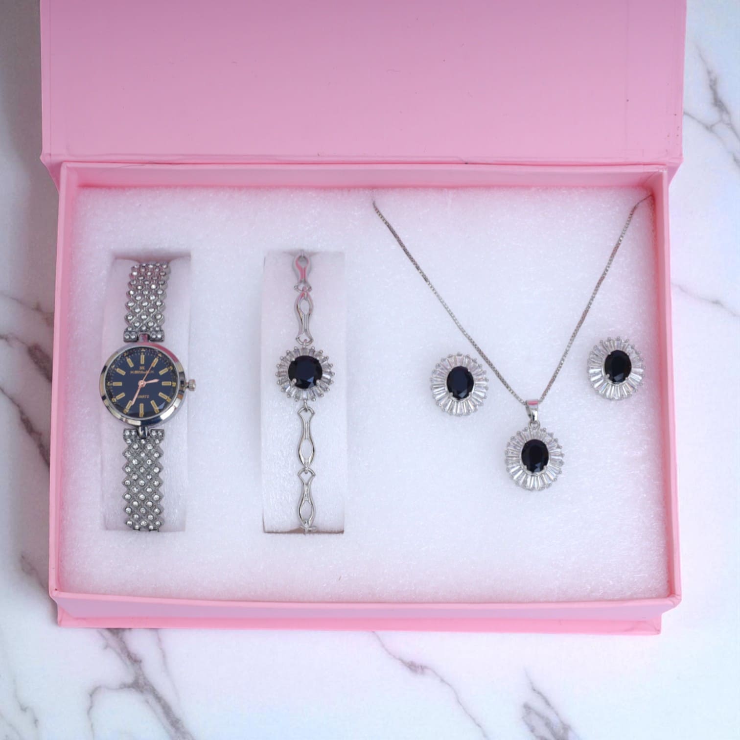 Luxury Silver Black Stone Jewelry & Watch Gift Set – Necklace, Bracelet, Earrings Combo for Women