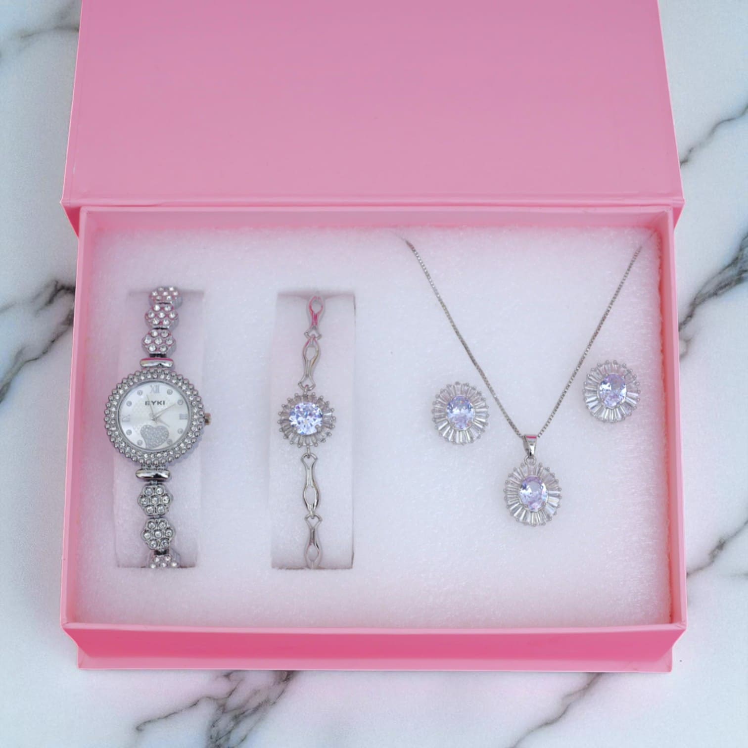 Premium Silver-Tone Women’s Watch & Jewelry Gift Set – Bracelet, Pendant & Earrings Combo