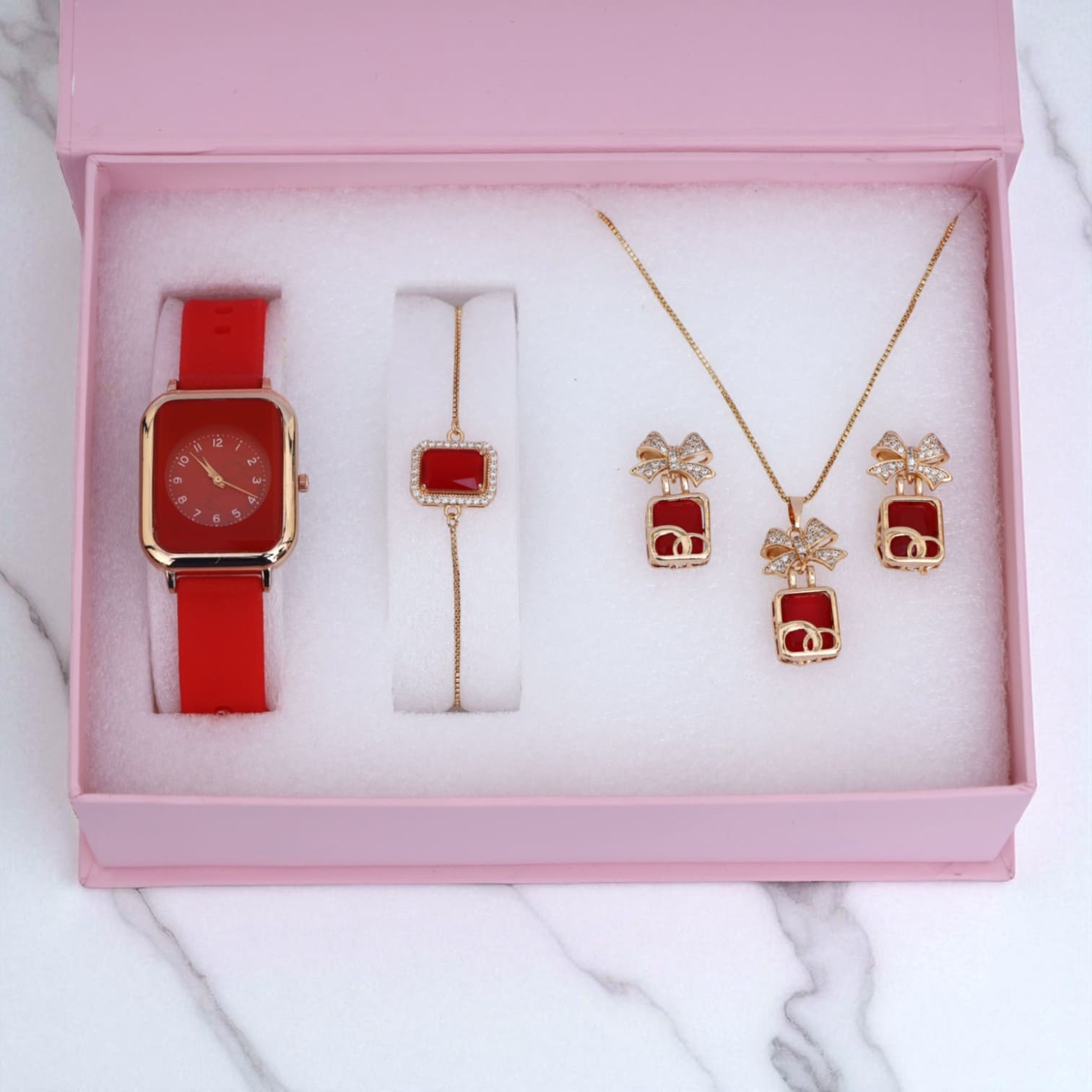 Red & Gold Women’s Gift Set – Watch, Bracelet, Bow Pendant & Earrings in Luxury Box