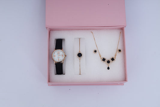 Black & Gold Women’s Jewelry and Watch Gift Set – Elegant Necklace, Bracelet & Earrings in Luxury Box