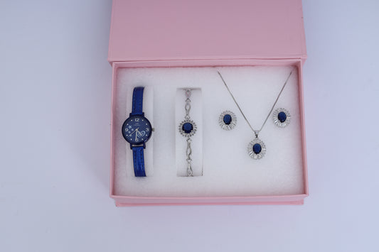 Blue & Silver Women’s Watch and Jewelry Gift Set – Necklace, Earrings & Bracelet in Luxury Box