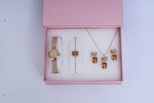 Champagne Gold Women’s Watch & Jewelry Gift Set – Bow Pendant, Earrings, Bracelet in Luxury Box