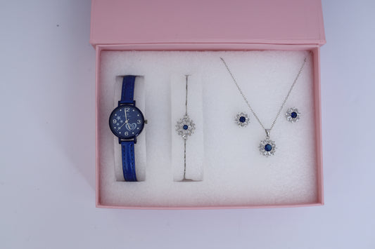Blue & Silver Women’s Watch and Jewelry Gift Set – Necklace, Bracelet & Earrings in Luxury Box