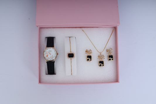 Black & Gold Women’s Watch and Jewelry Gift Set – Bow Pendant, Earrings & Bracelet in Luxury Box