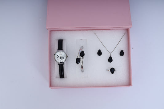 Black Teardrop Jewelry & Watch Gift Set for Women – Necklace, Earrings, Ring, Bracelet & Watch in Luxury Box