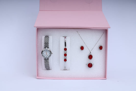 Classic Red Stone Women’s Jewelry & Watch Gift Set – Necklace, Earrings, Ring, Bracelet & Watch in Luxury Box