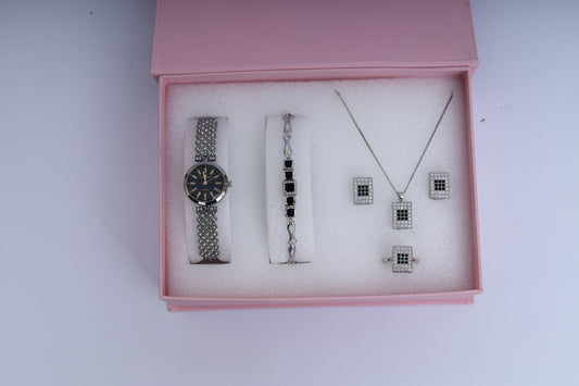 Black & Silver Women’s Jewelry & Watch Gift Set – Rectangle Necklace, Earrings, Ring, Bracelet & Watch