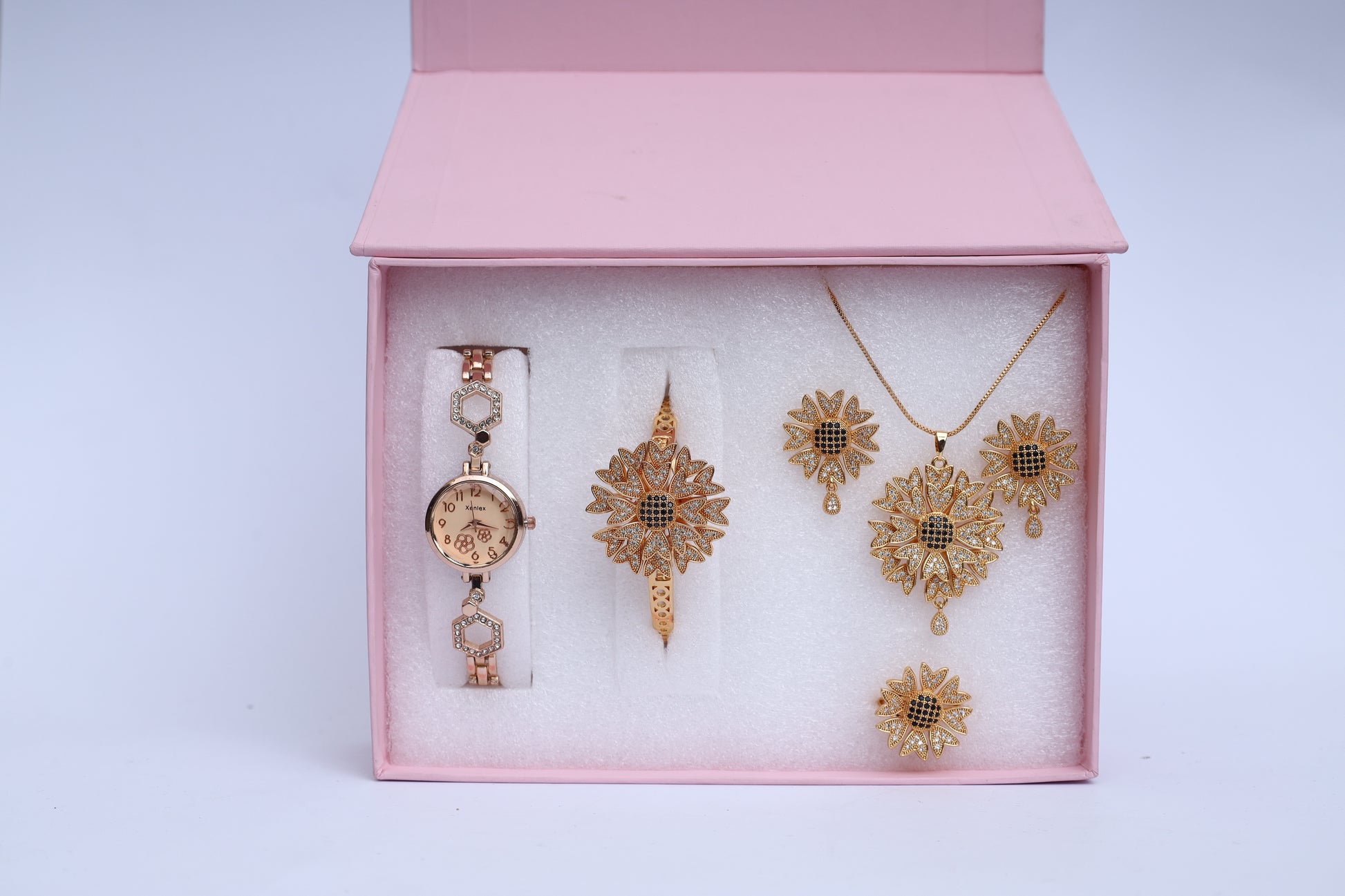 Gold Floral Jewelry & Watch Gift Set for Women Necklace, Ring, Earrings, Bracelet & Watch in Luxury Box
