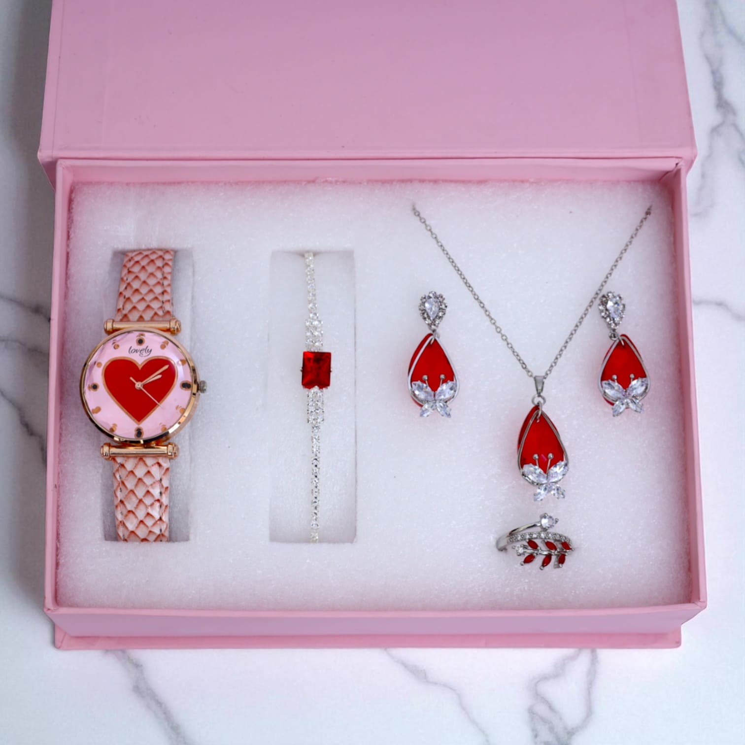 Luxury Red Crystal Jewelry Gift Set with Watch | Amariz Jewelry