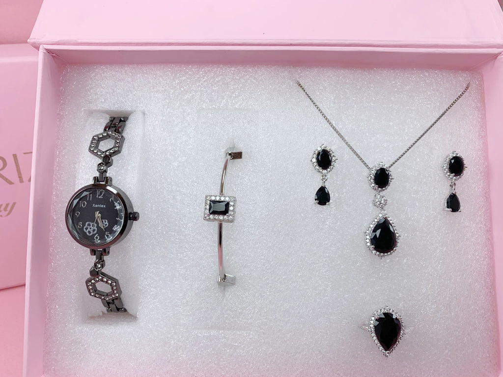 Elegant Black Onyx Jewelry Set with Watch & Luxury Gift Box