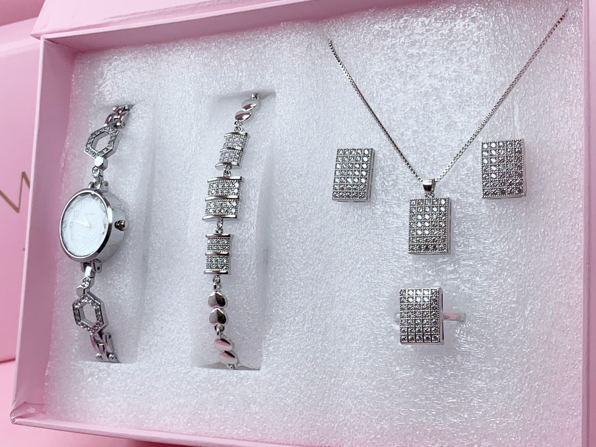 Luxury Silver Crystal Jewelry Set with Watch, Necklace, Earrings, Ring & Bracelet