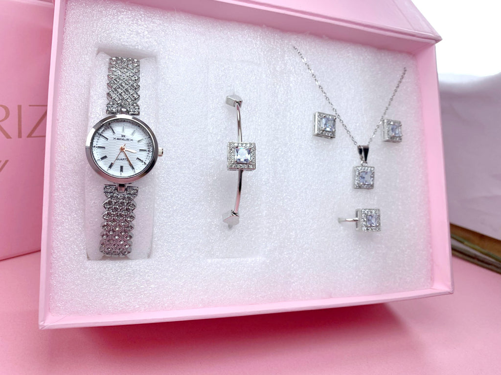 Luxury Silver Square Jewelry Set with watch| Amariz Jewelry