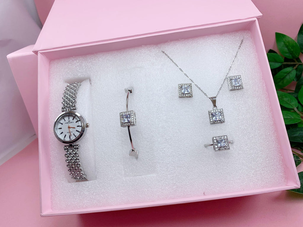 Luxury Silver Square Jewelry Set with watch| Amariz Jewelry