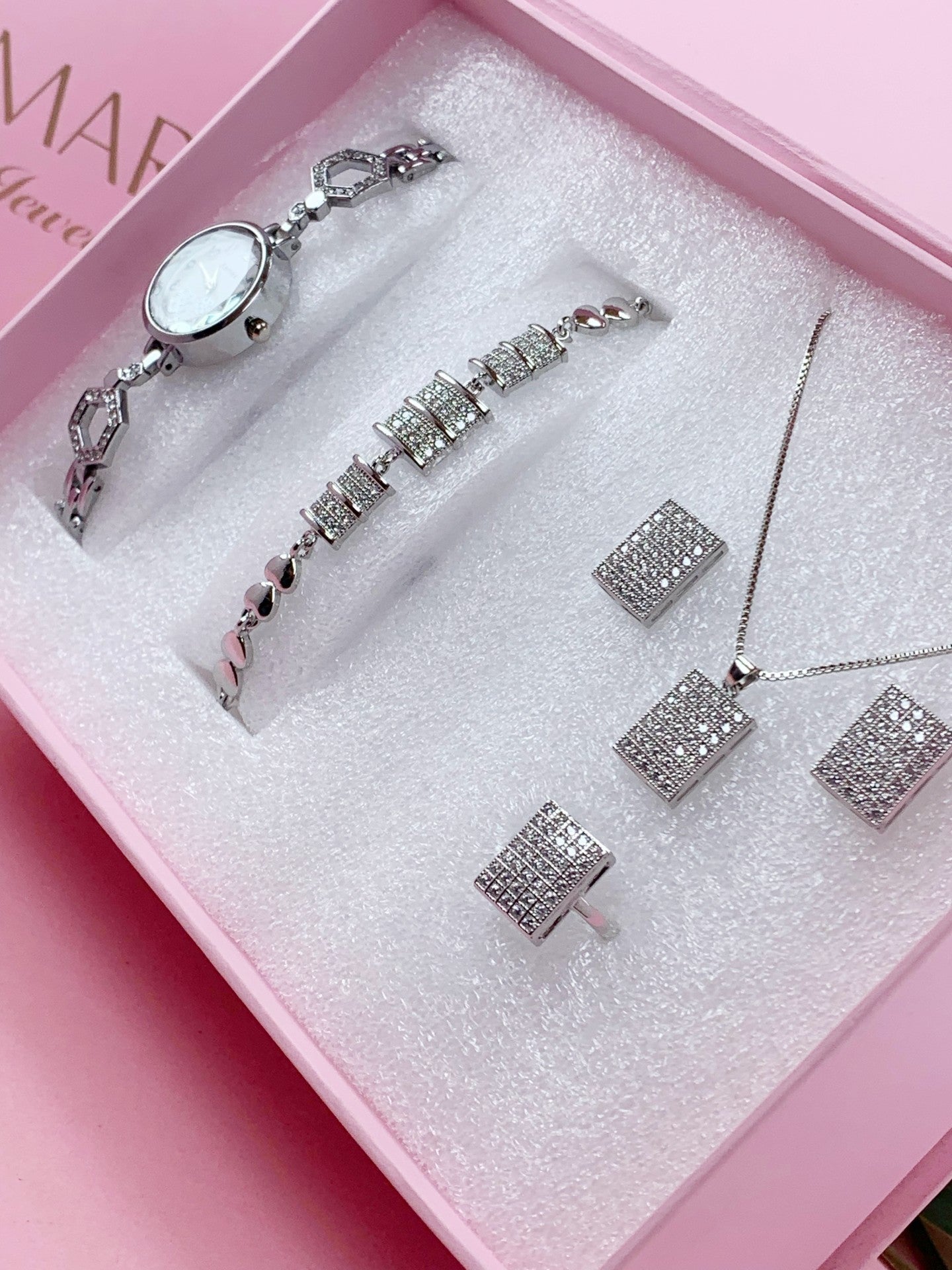 Luxury Silver Crystal Jewelry Set with Watch, Necklace, Earrings, Ring & Bracelet