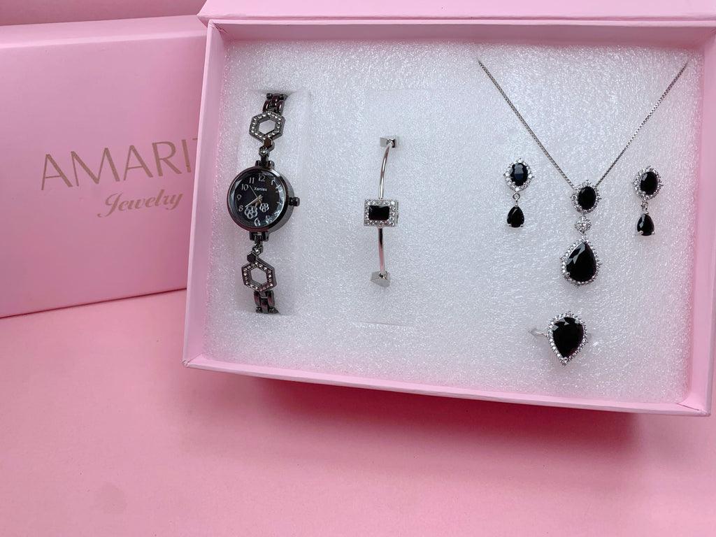 Elegant Black Onyx Jewelry Set with Watch & Luxury Gift Box
