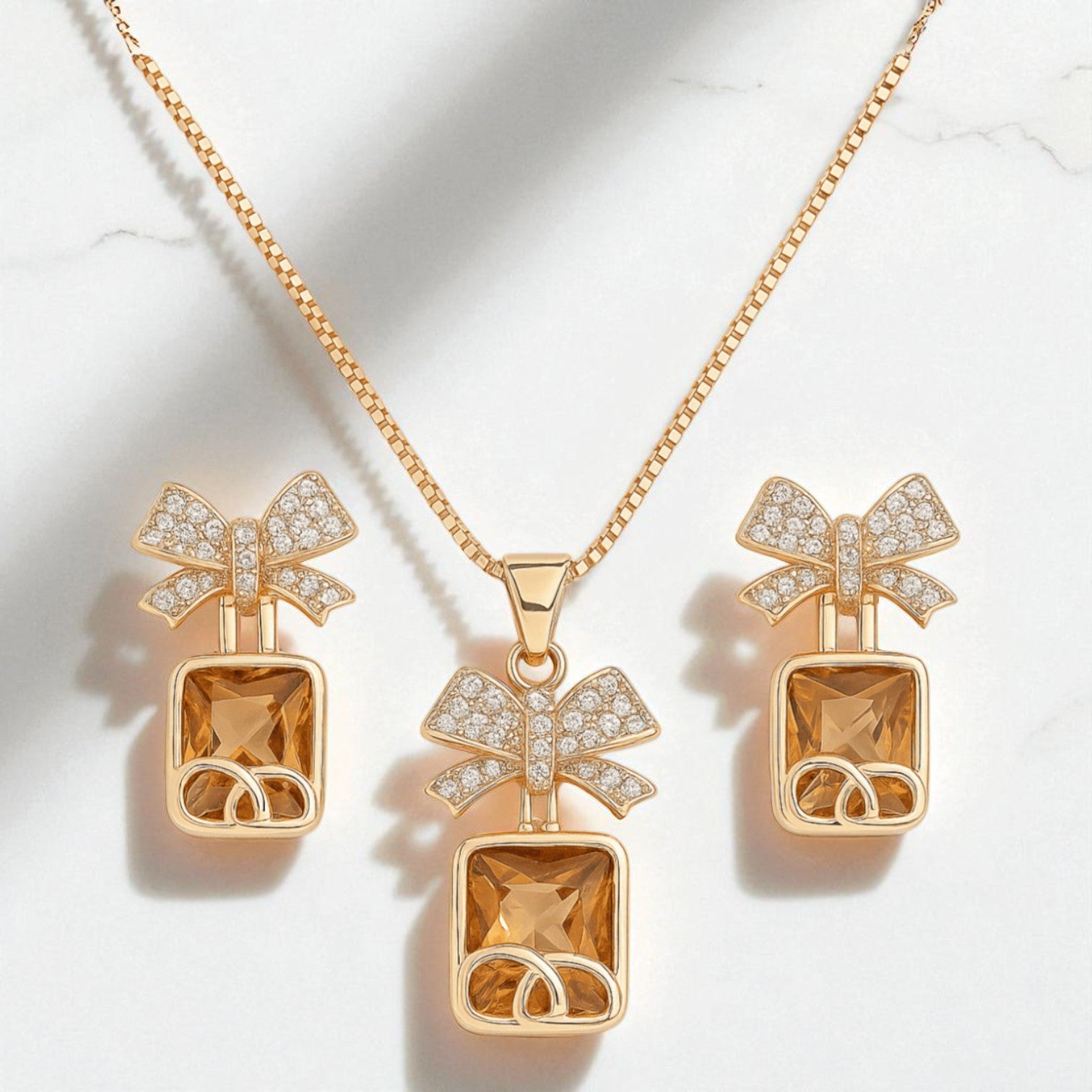 Champagne Gold Women’s Watch & Jewelry Gift Set – Bow Pendant, Earrings, Bracelet in Luxury Box
