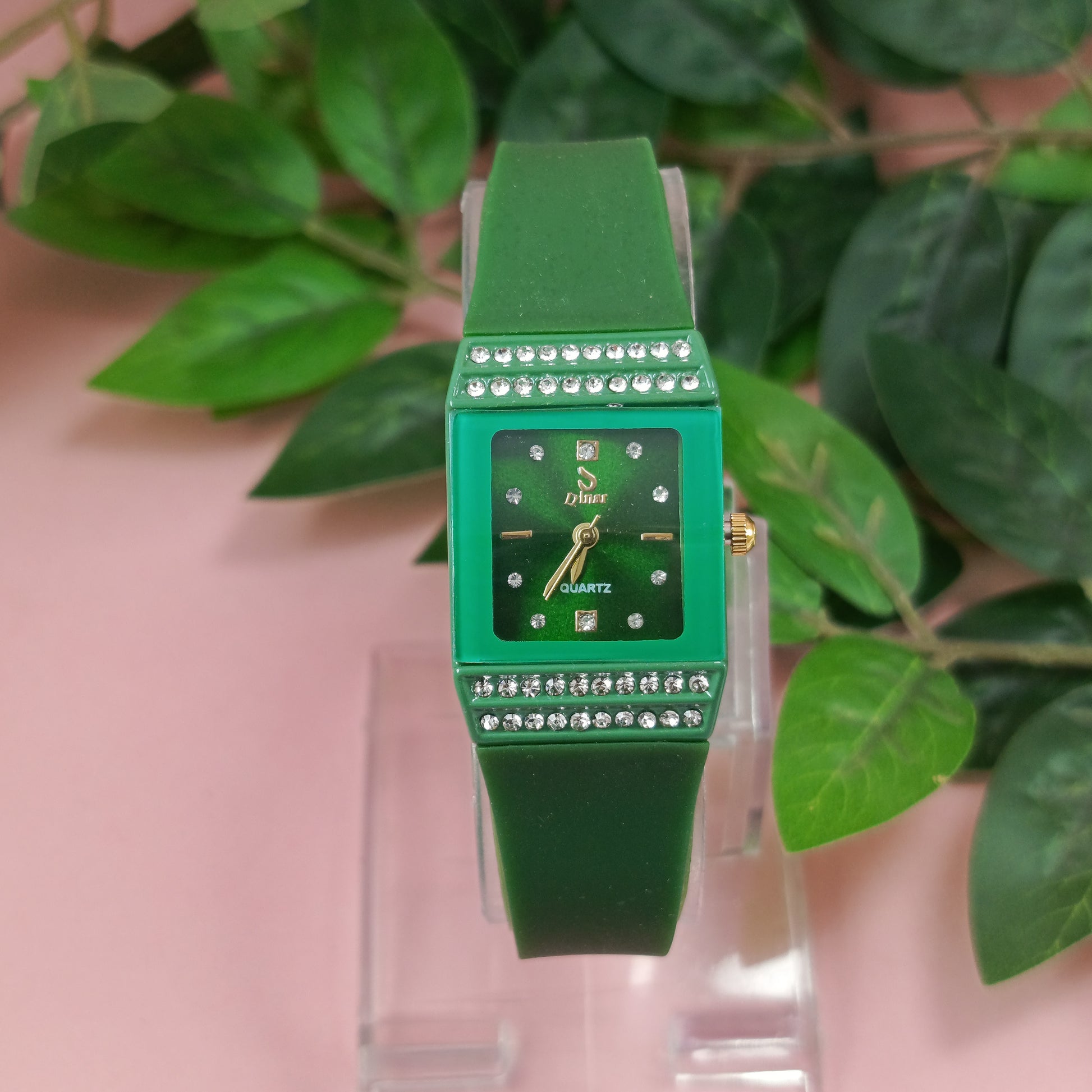 Green Crystal Square Dial Watch – Stylish Rubber Strap Quartz Watch for Girls