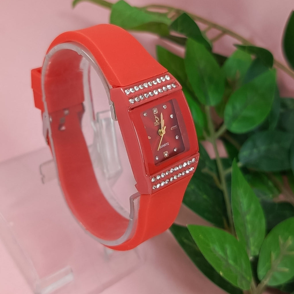 Red Square Dial Watch - Trendy Rubber Strap Quartz Watch for Girls