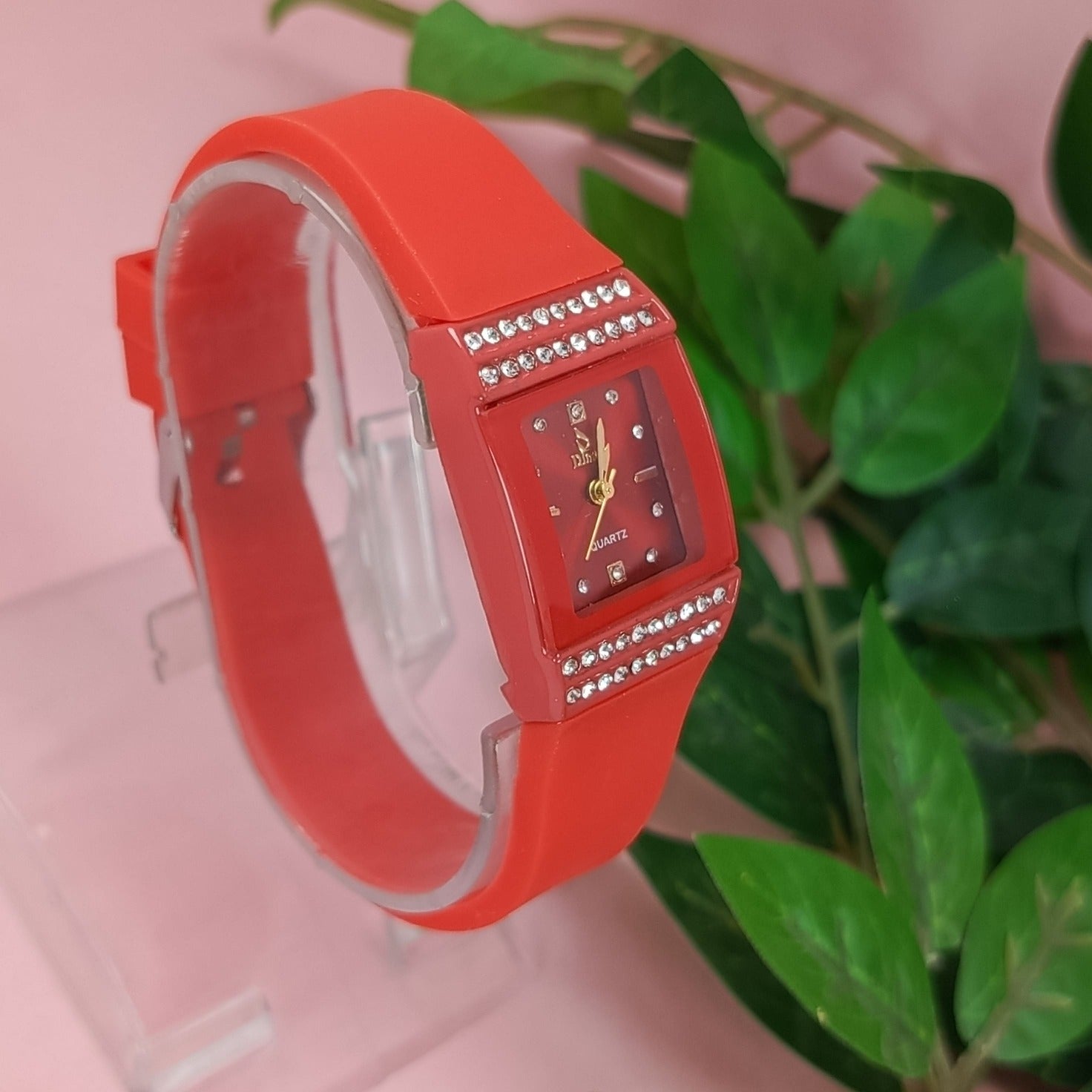 Red Square Dial Watch - Trendy Rubber Strap Quartz Watch for Girls