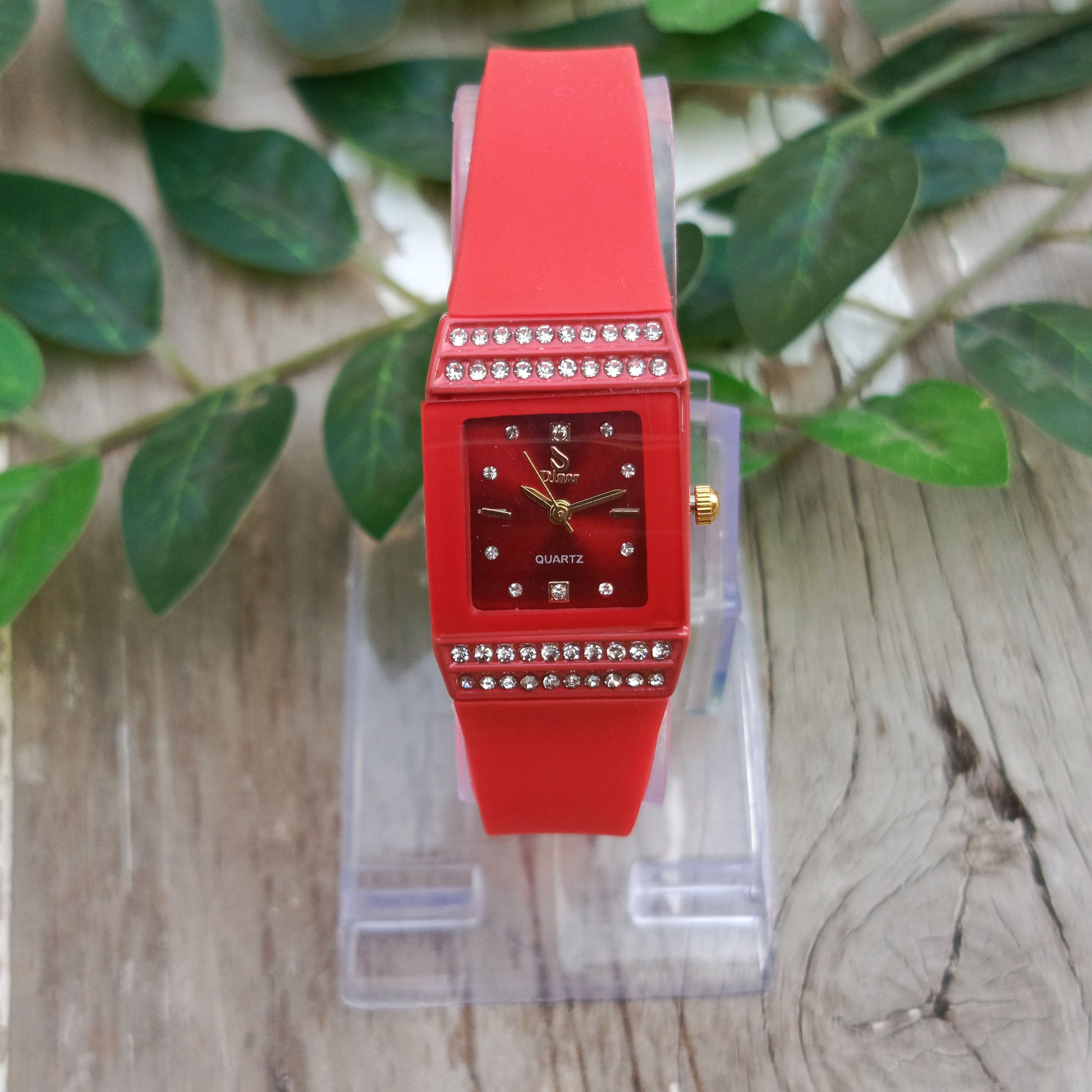 Red Square Dial Watch - Trendy Rubber Strap Quartz Watch for Girls