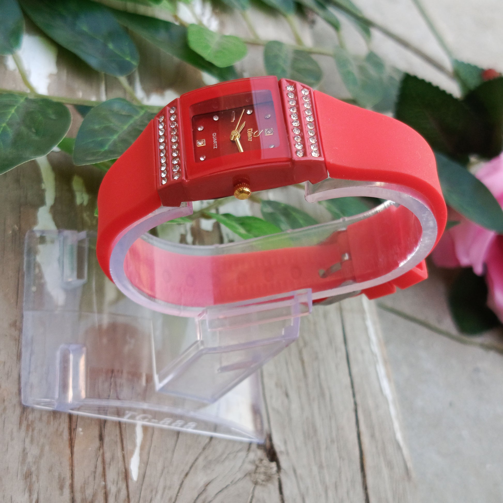 Red Square Dial Watch - Trendy Rubber Strap Quartz Watch for Girls