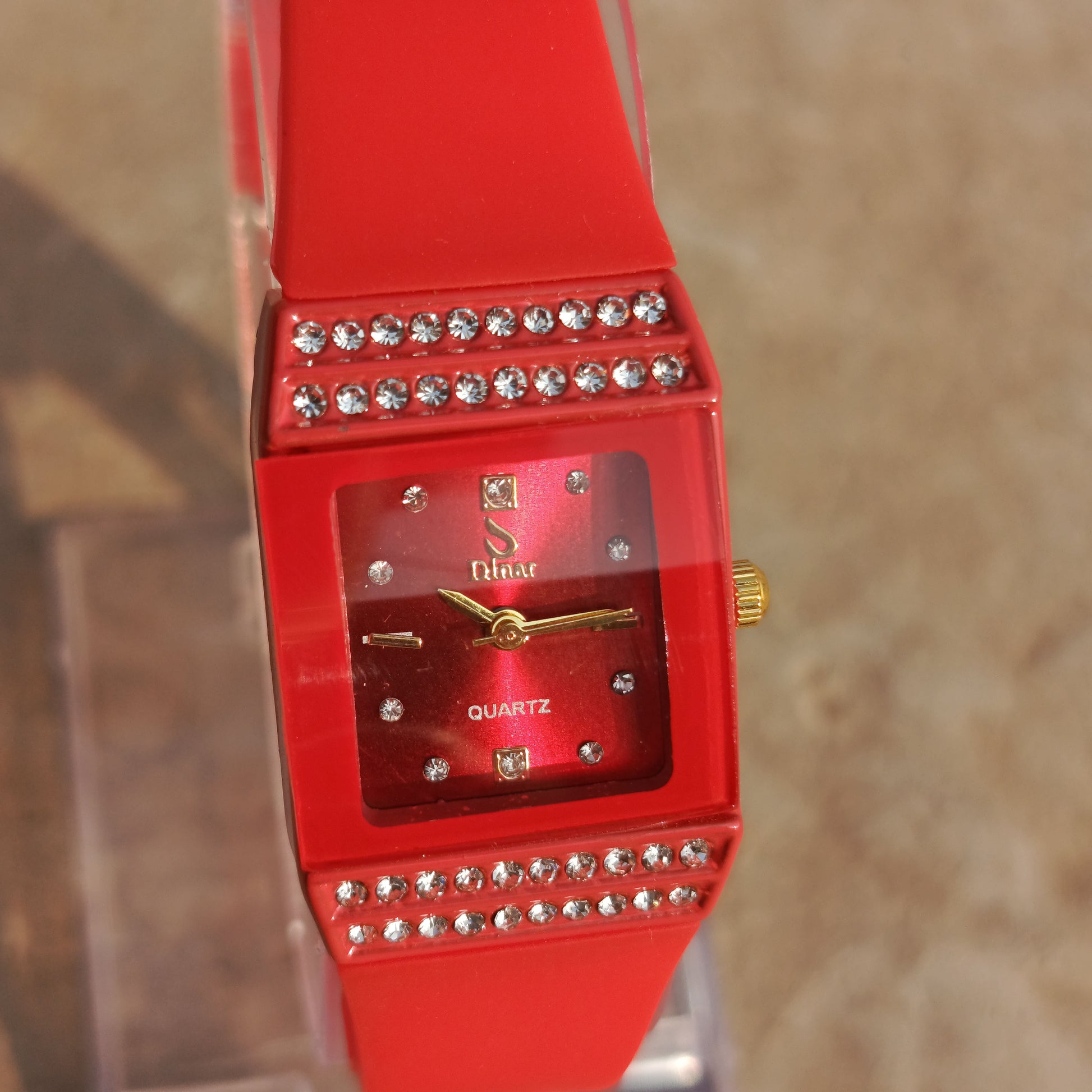 Red Square Dial Watch - Trendy Rubber Strap Quartz Watch for Girls