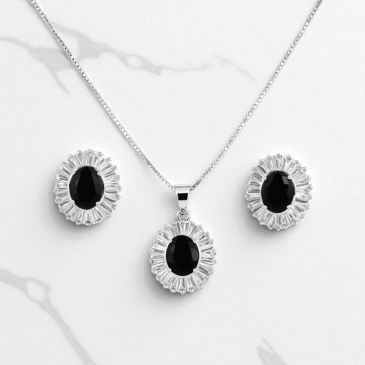 Luxury Silver Black Stone Jewelry & Watch Gift Set – Necklace, Bracelet, Earrings Combo for Women