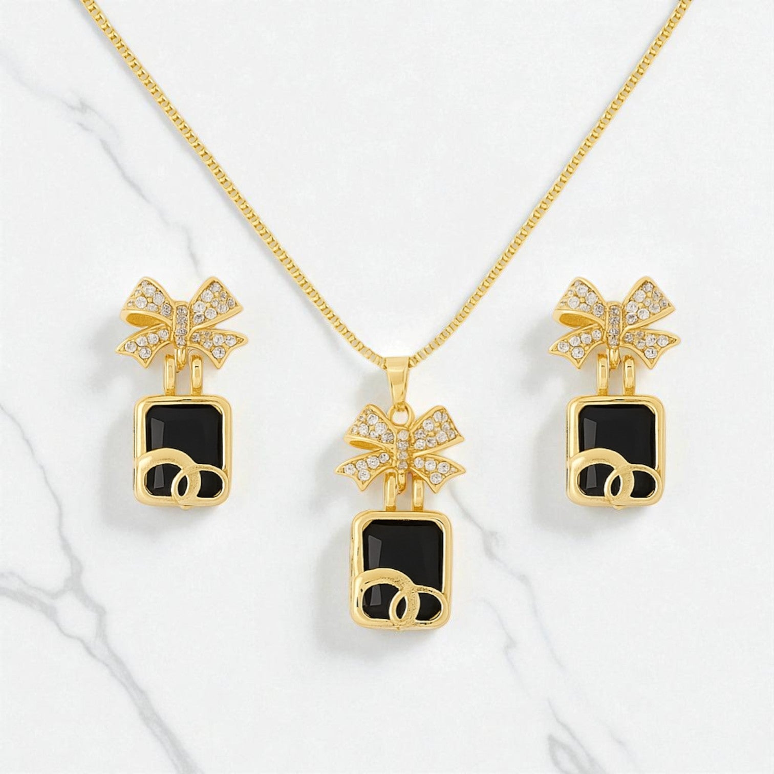 Black & Gold Women’s Watch and Jewelry Gift Set – Bow Pendant, Earrings & Bracelet in Luxury Box