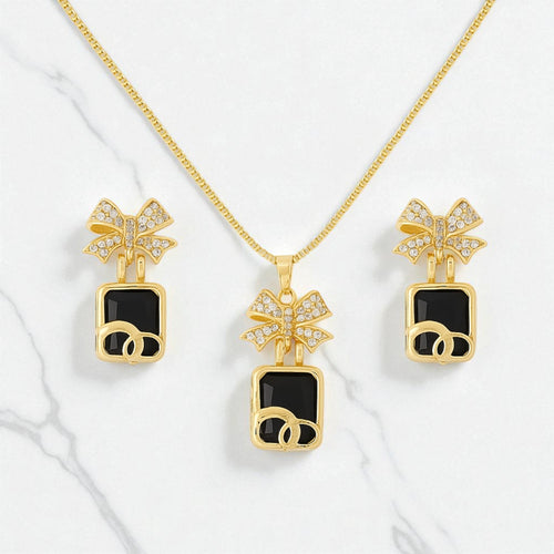 Black & Gold Women’s Watch and Jewelry Gift Set – Bow Pendant, Earrings & Bracelet in Luxury Box