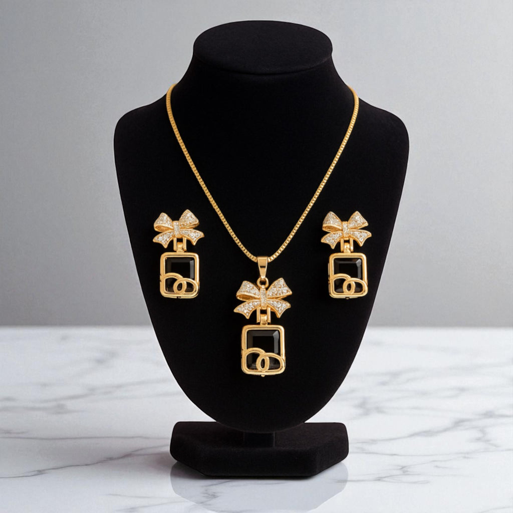 Black & Gold Women’s Watch and Jewelry Gift Set – Bow Pendant, Earrings & Bracelet in Luxury Box