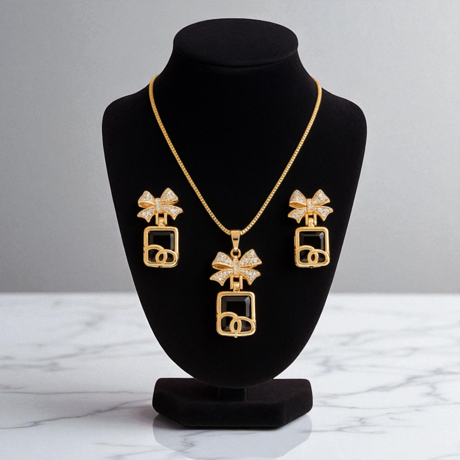 Black & Gold Women’s Watch and Jewelry Gift Set – Bow Pendant, Earrings & Bracelet in Luxury Box