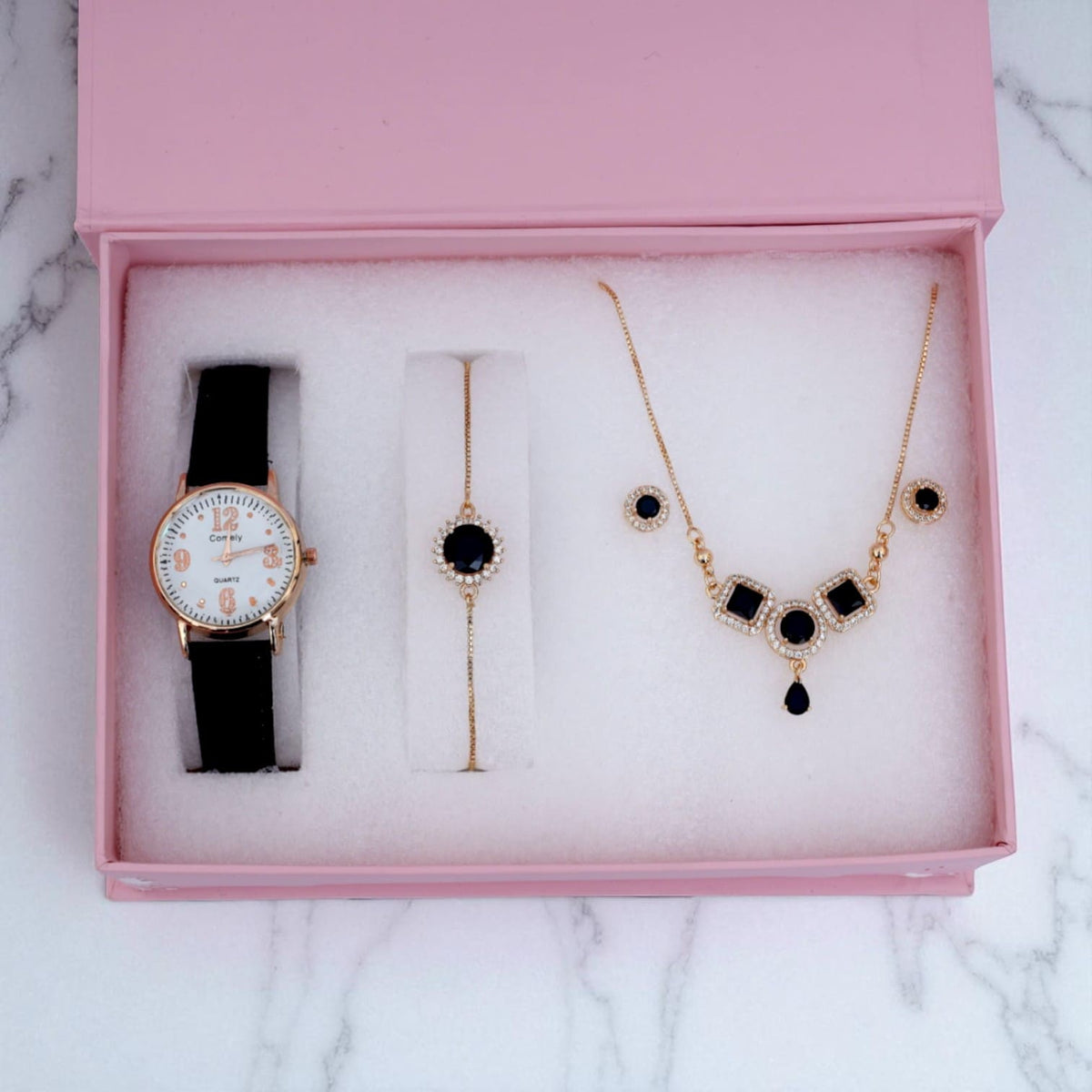 Black & Gold Women’s Jewelry and Watch Gift Set Elegant Necklace, Bracelet & Earrings in Luxury Box