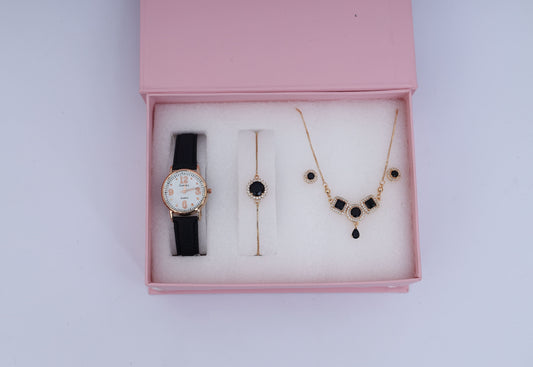 Black & Gold Women’s Jewelry and Watch Gift Set – Elegant Necklace, Bracelet & Earrings in Luxury Box