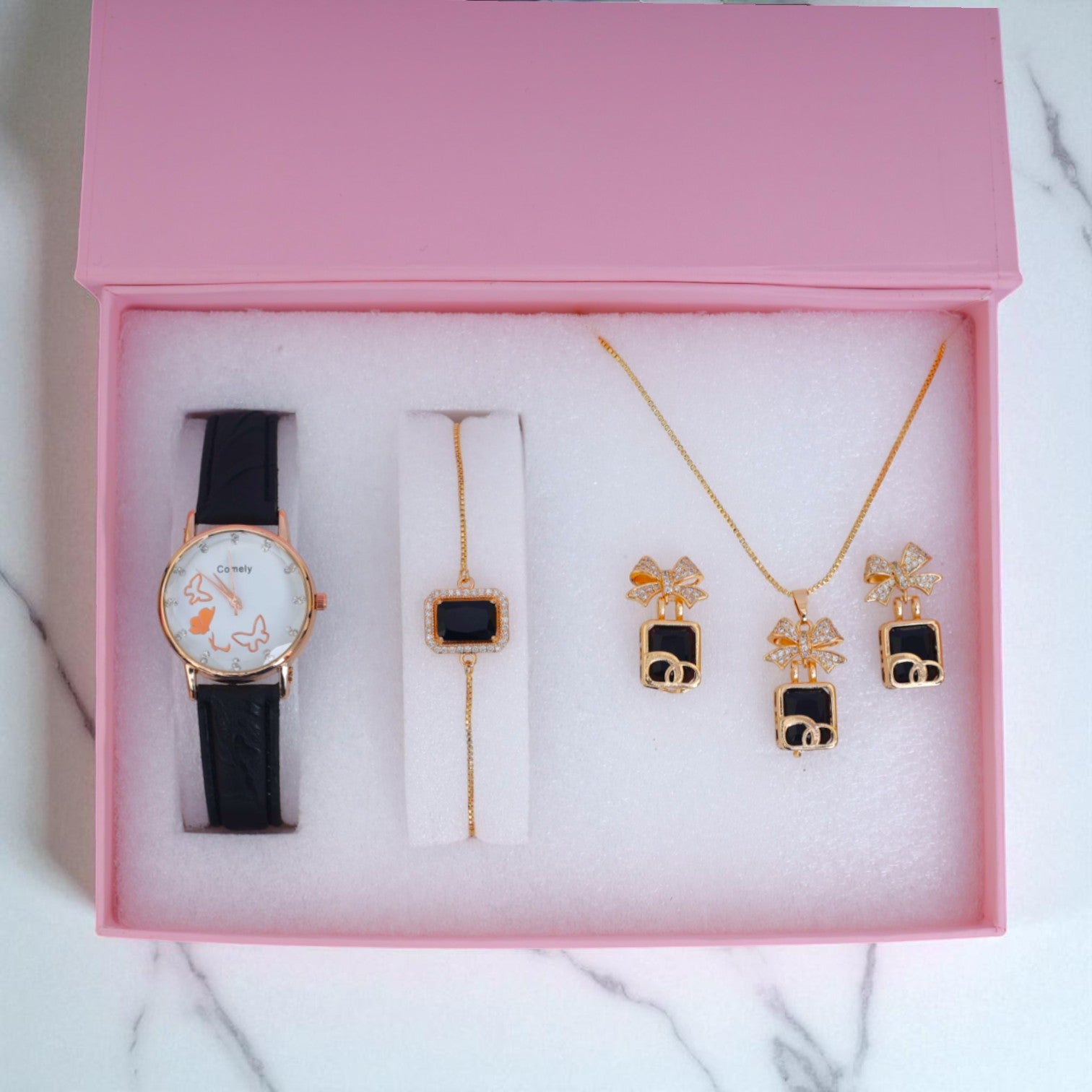 Black & Gold Women’s Watch and Jewelry Gift Set – Bow Pendant, Earrings & Bracelet in Luxury Box