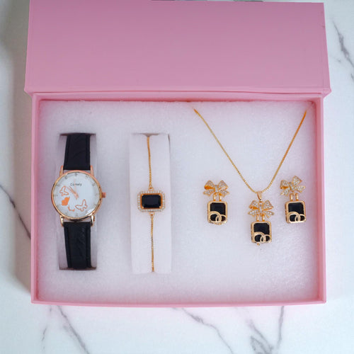 Black & Gold Women’s Watch and Jewelry Gift Set – Bow Pendant, Earrings & Bracelet in Luxury Box