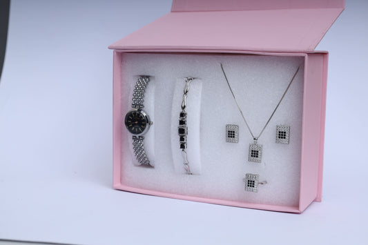 Black & Silver Women’s Jewelry & Watch Gift Set – Rectangle Necklace, Earrings, Ring, Bracelet & Watch