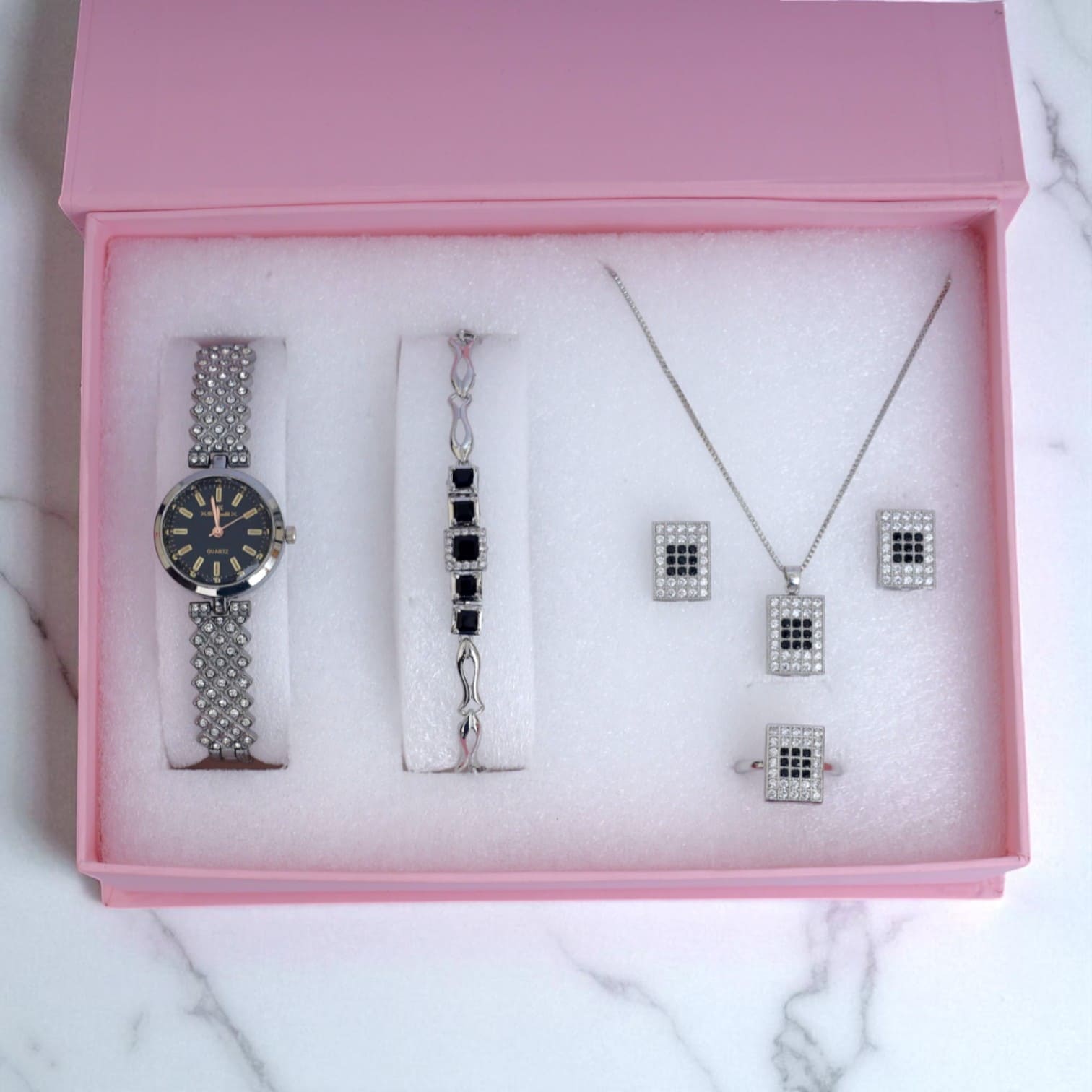 Black & Silver Women’s Jewelry & Watch Gift Set – Rectangle Necklace, Earrings, Ring, Bracelet & Watch