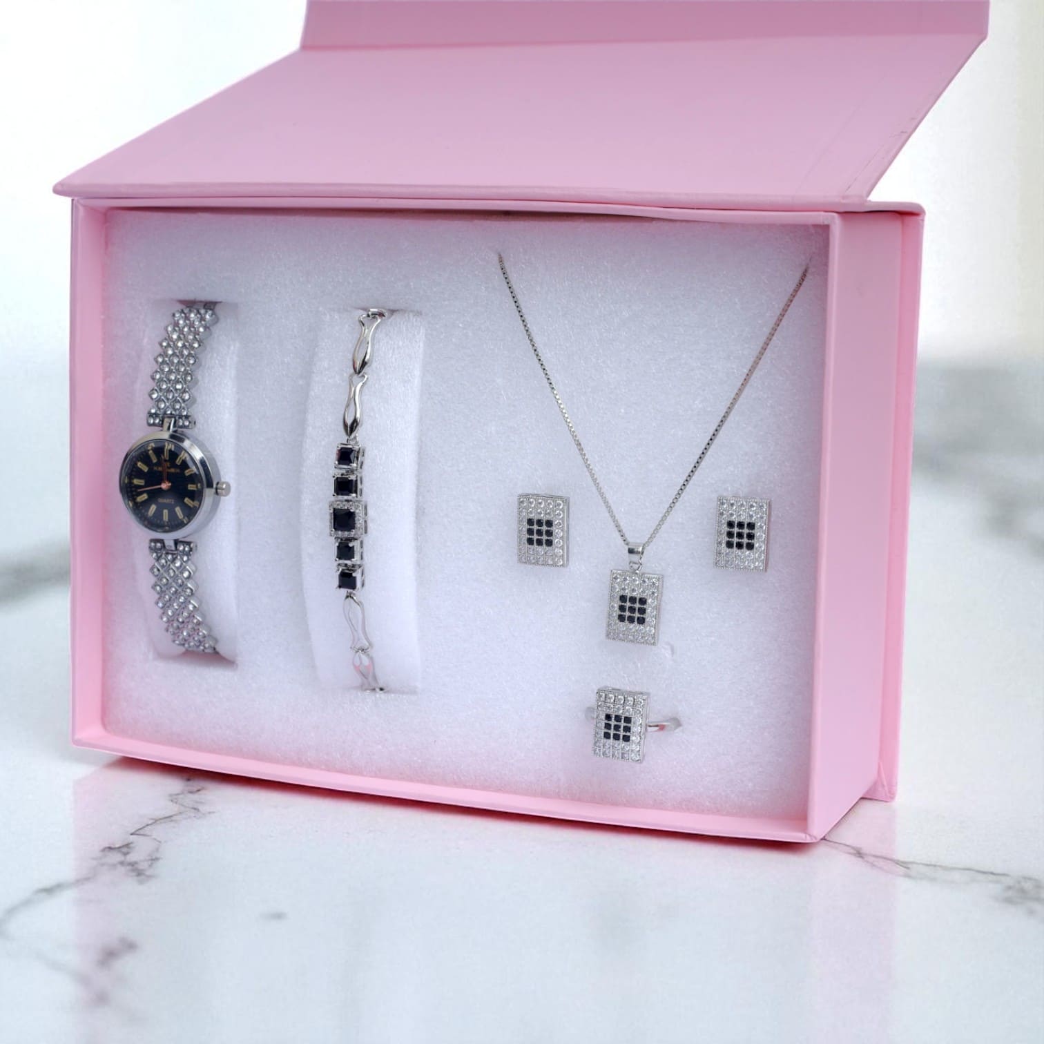 Black & Silver Women’s Jewelry & Watch Gift Set – Rectangle Necklace, Earrings, Ring, Bracelet & Watch