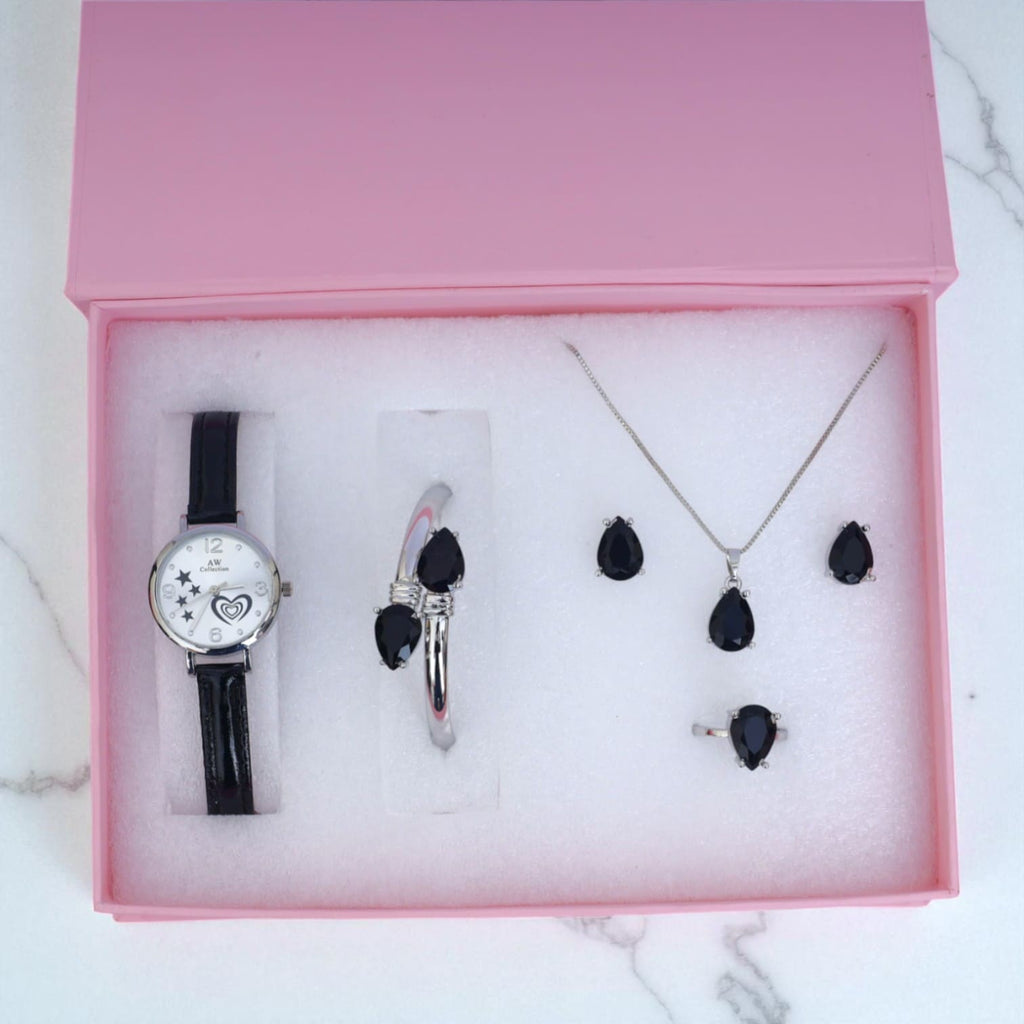 Black Teardrop Jewelry & Watch Gift Set for Women – Necklace, Earrings, Ring, Bracelet & Watch in Luxury Box