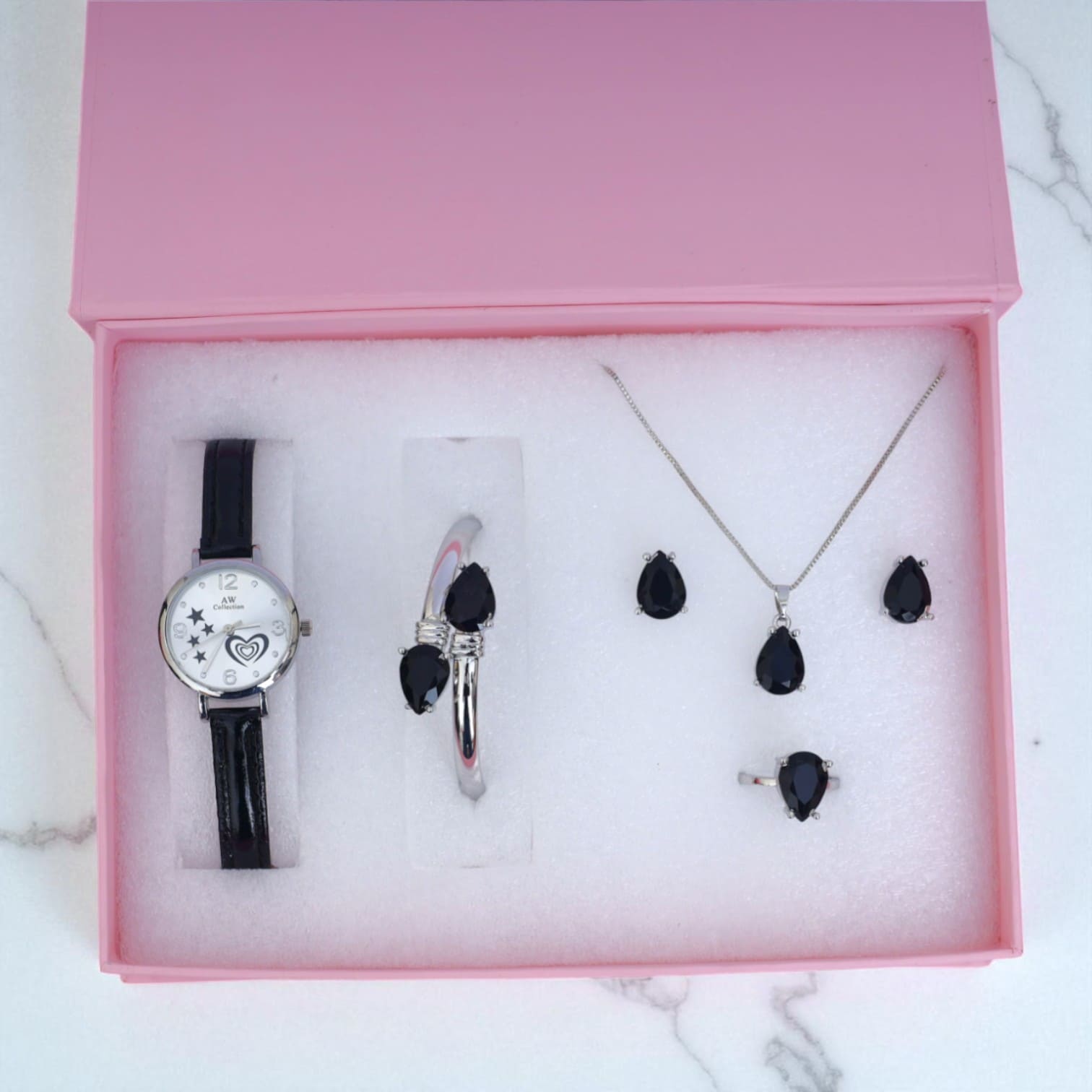 Black Teardrop Jewelry & Watch Gift Set for Women – Necklace, Earrings, Ring, Bracelet & Watch in Luxury Box