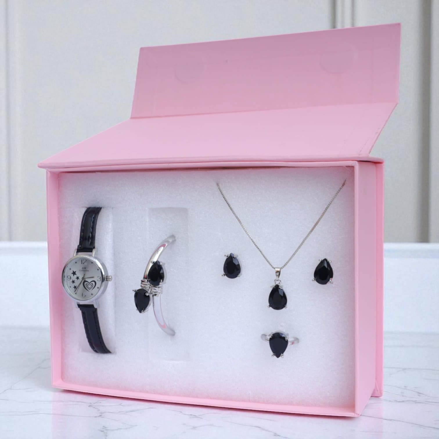 Black Teardrop Jewelry & Watch Gift Set for Women – Necklace, Earrings, Ring, Bracelet & Watch in Luxury Box