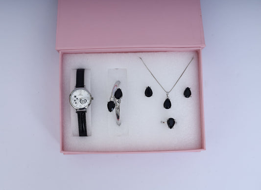 Black Teardrop Jewelry & Watch Gift Set for Women – Necklace, Earrings, Ring, Bracelet & Watch in Luxury Box