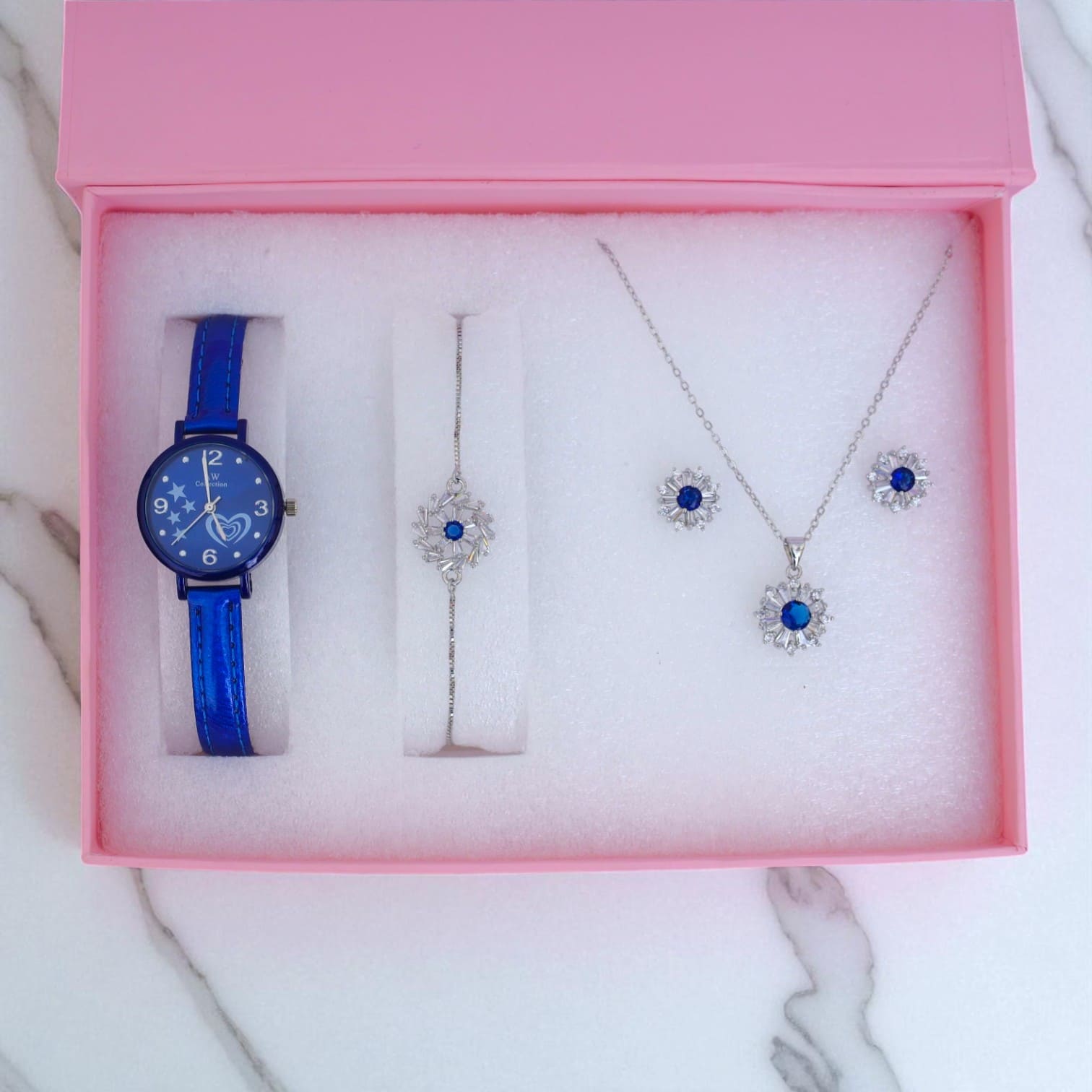 Blue & Silver Women’s Watch and Jewelry Gift Set Necklace, Bracelet & Earrings in Luxury Box