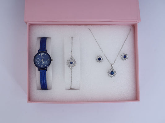 Blue & Silver Women’s Watch and Jewelry Gift Set Necklace, Bracelet & Earrings in Luxury Box