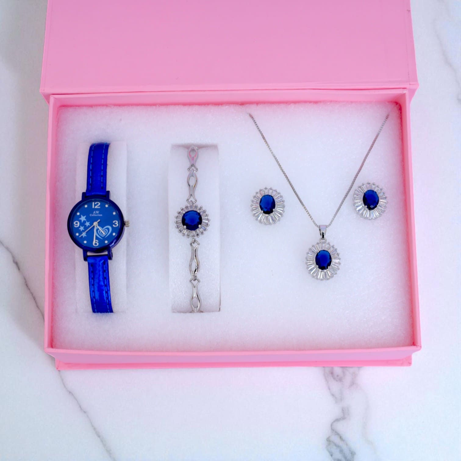 Blue & Silver Women’s Watch and Jewelry Gift Set Necklace, Earrings & Bracelet in Luxury Box