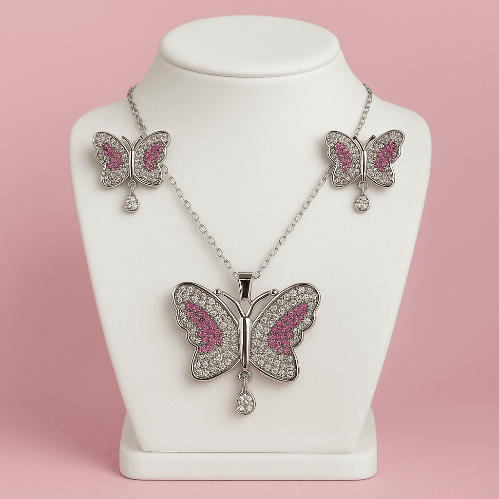 Butterfly Elegance Jewelry Set  Silver with Pink & White