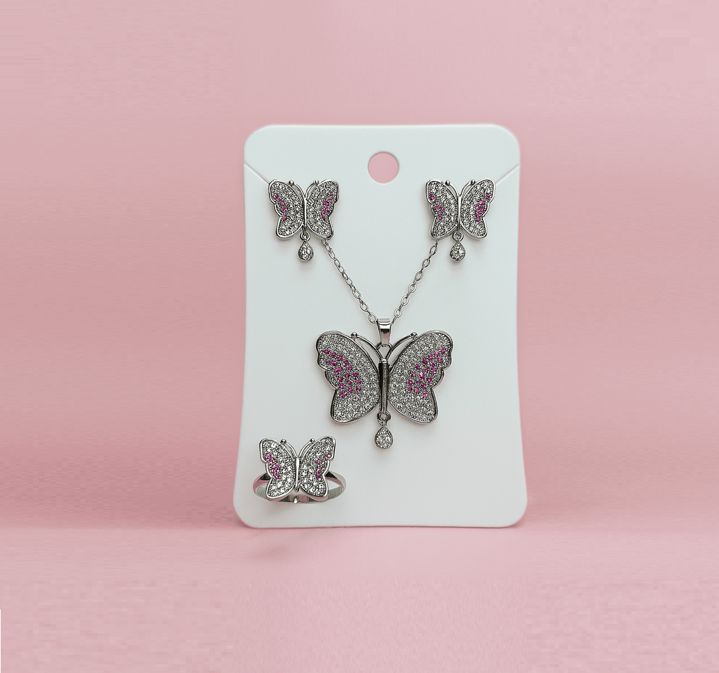 Butterfly Elegance Jewelry Set  Silver with Pink & White